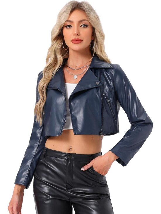 Jackets & Blazers - Women's Dark Blue Leather Cropped Long Sleeve Asymmetric Zipper Up Moto Jacket
